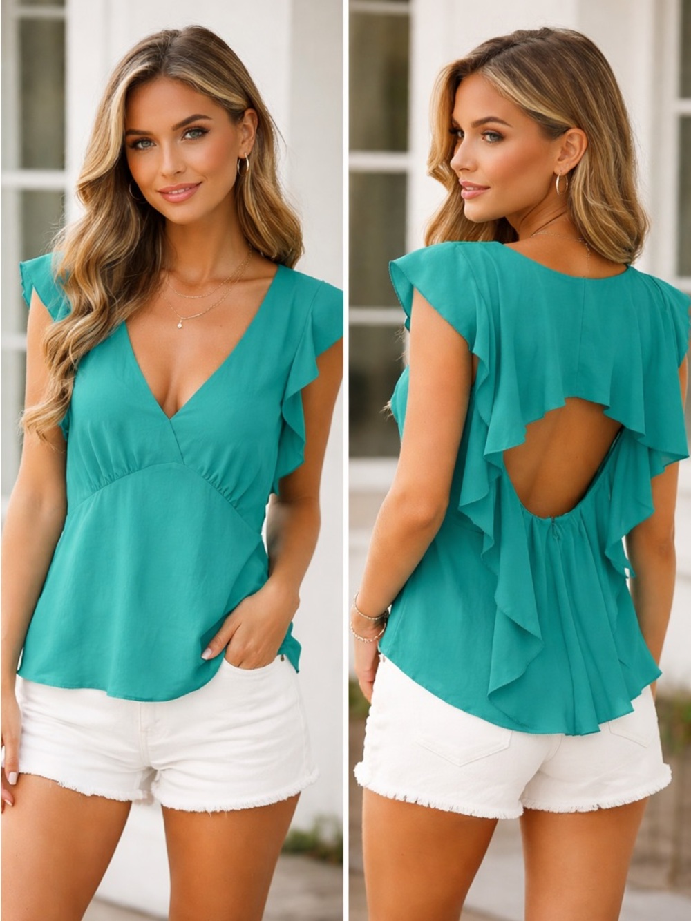 BCBG Maxazria Women's Teal Flutter Sleeve Top, Size Small